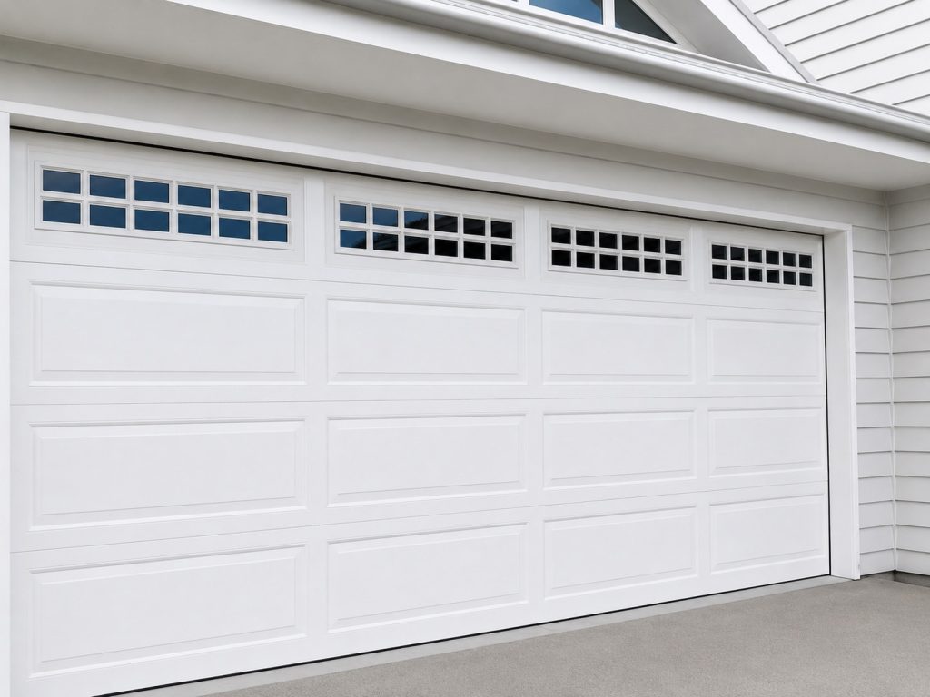 white hamptons style garage door with windows